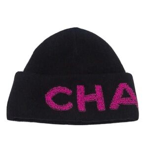CHANEL Kids Black Hat with Pink Logo